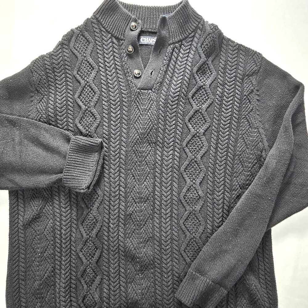 Chaps Mens XL Black Cable Knit 100% Cotton Mock Neck Button Sweater